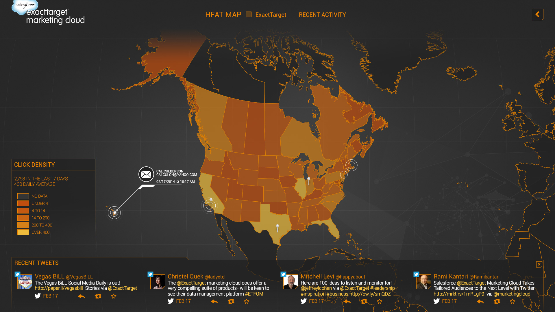 Heat map — click density with live tweet ticker.