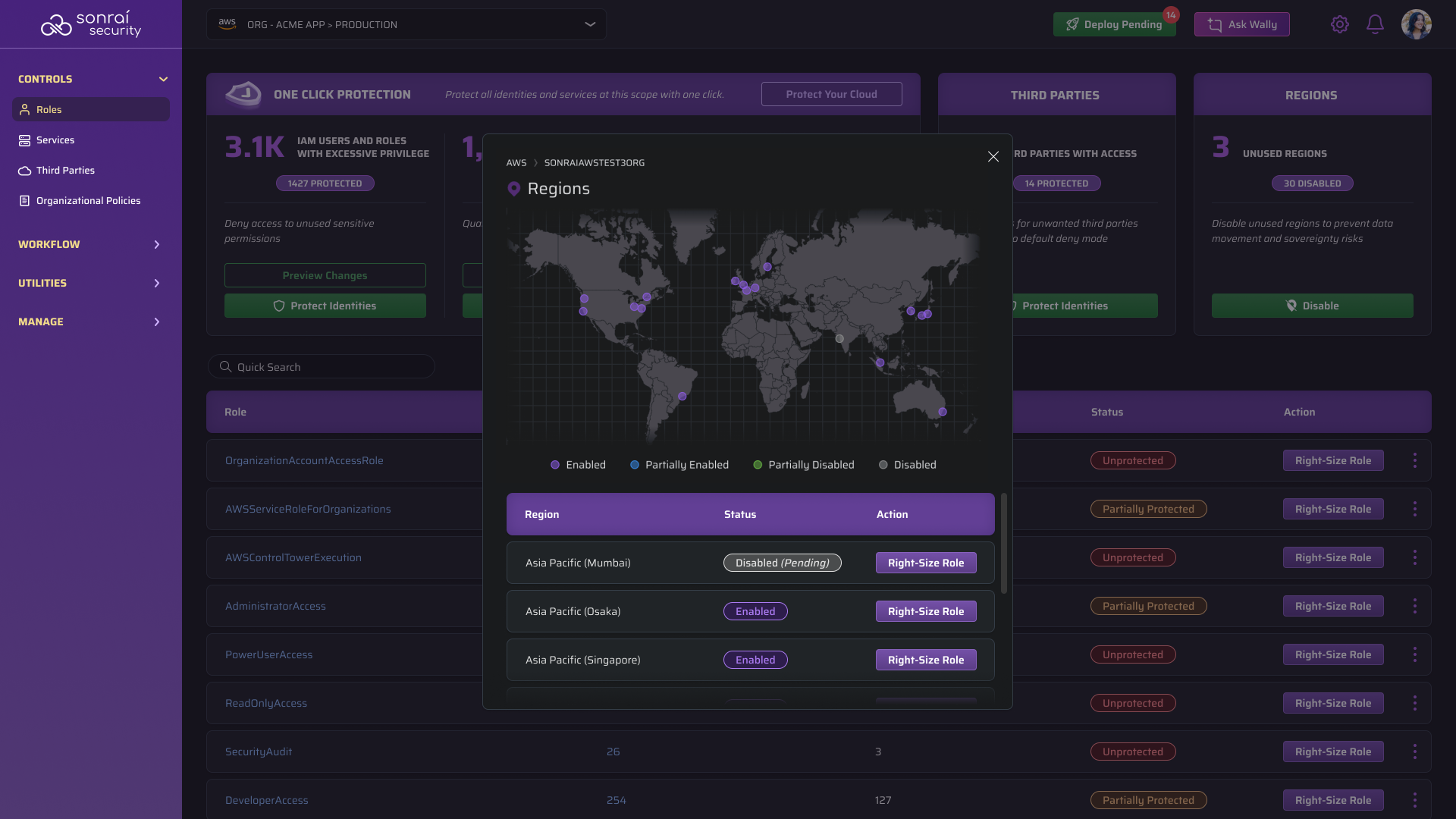 Home page with the Regions modal for enabling and disabling AWS regions