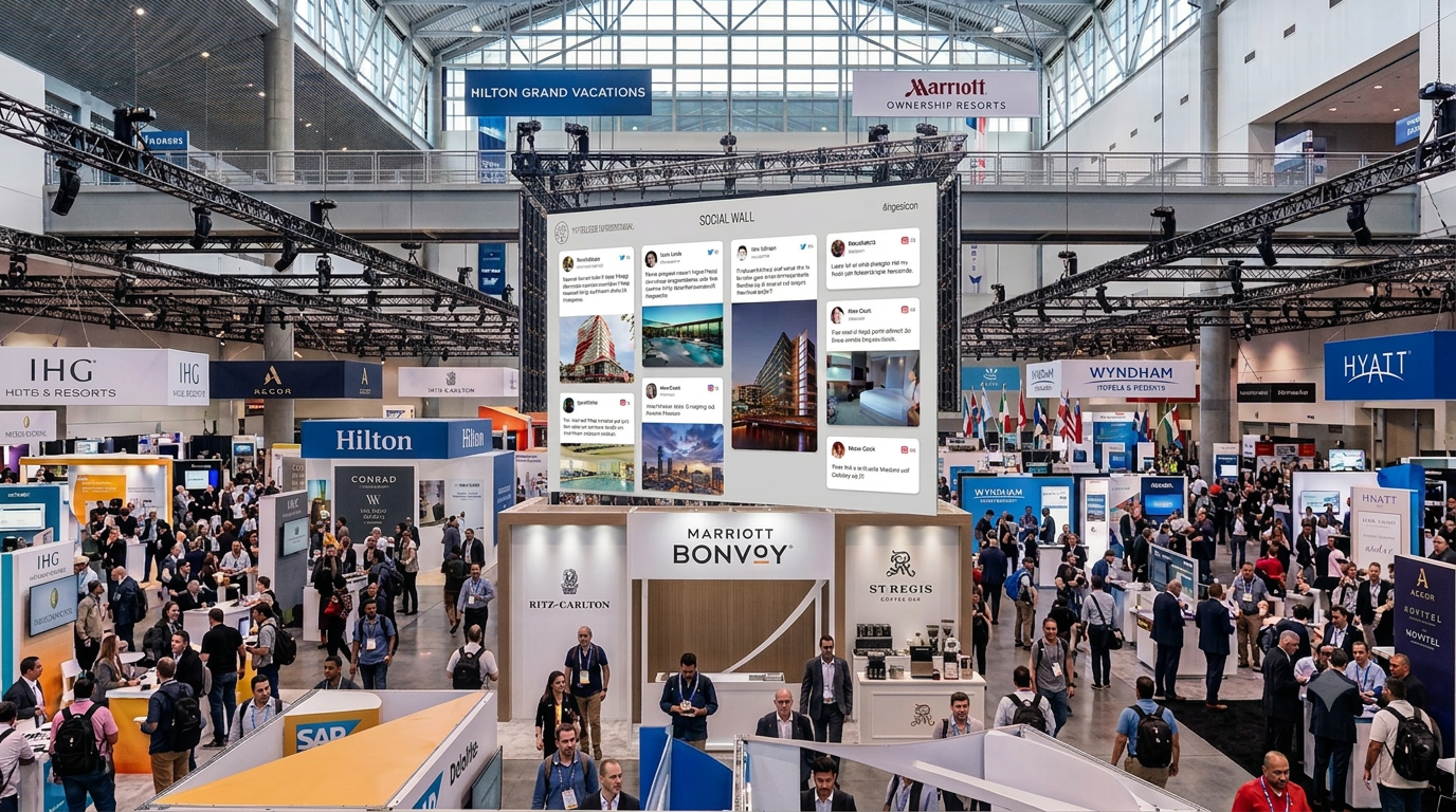 Social Wall displayed on a giant screen above a busy conference expo floor