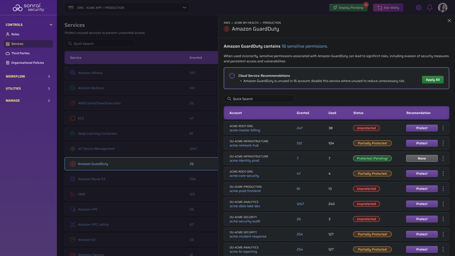 Services page with the service inspector panel open on Amazon GuardDuty